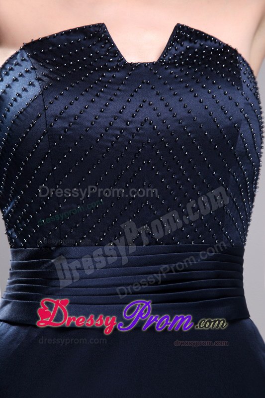 Cheap Strapless Brush Train Satin Beading Navy Blue Prom Dresses
