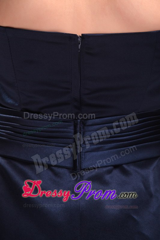 Cheap Strapless Brush Train Satin Beading Navy Blue Prom Dresses