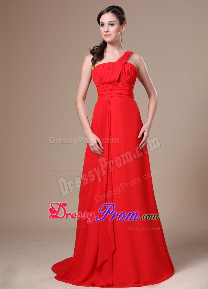 One Shoulder Prom Dress With Ruch Chiffon and Brush Train