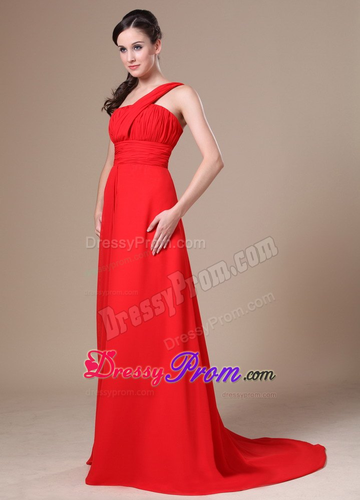 One Shoulder Prom Dress With Ruch Chiffon and Brush Train