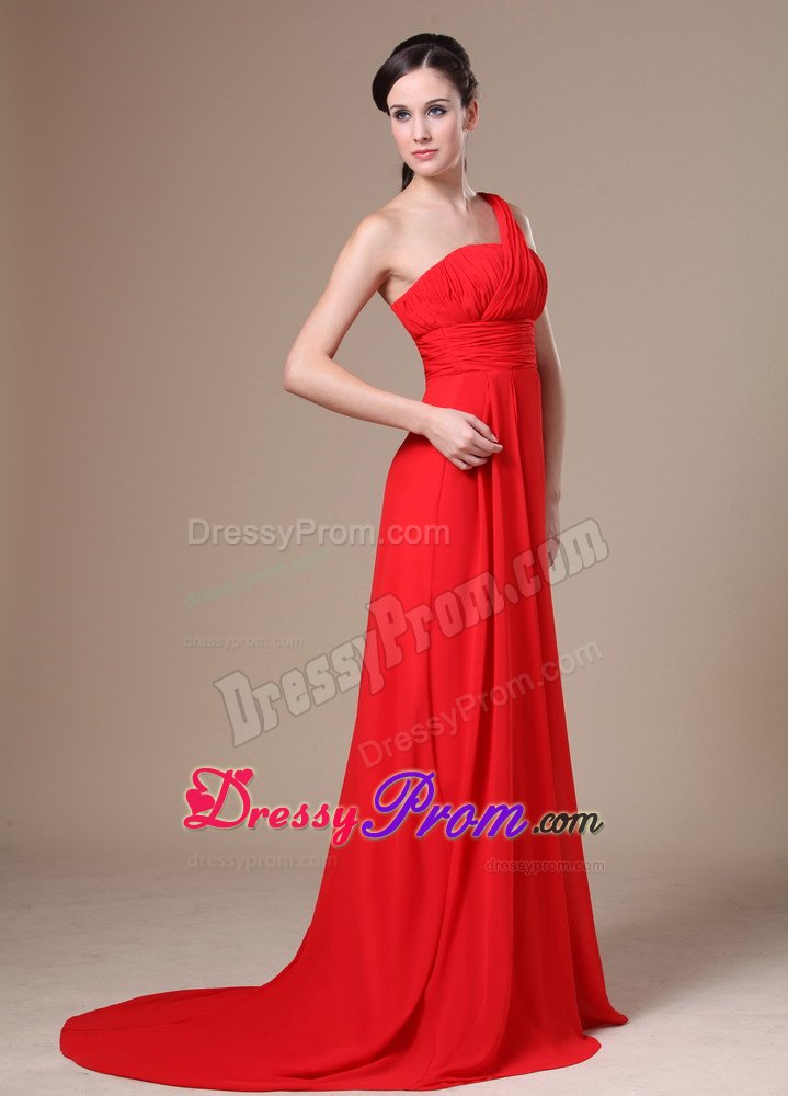 One Shoulder Prom Dress With Ruch Chiffon and Brush Train