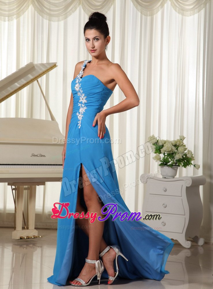Appliques Decorate One Shoulder Sky Blue High Slit Prom Dress Train