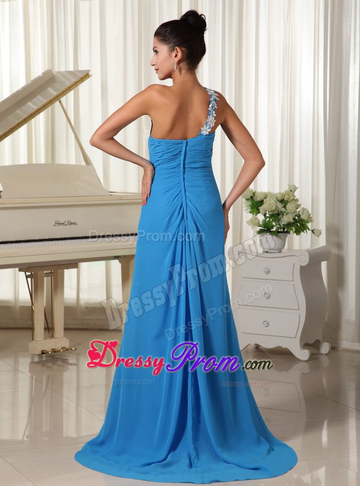 Appliques Decorate One Shoulder Sky Blue High Slit Prom Dress Train