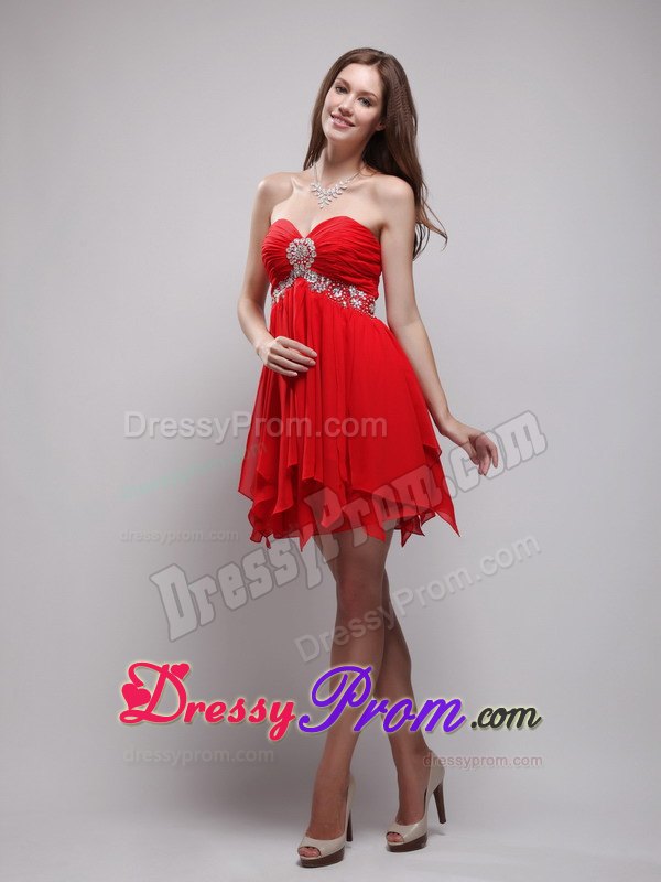 Sweetheart Empire Mini-length Chiffon Beading Prom Dress in Red