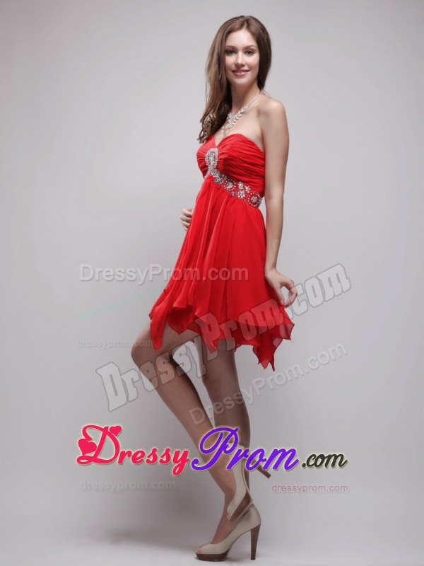 Sweetheart Empire Mini-length Chiffon Beading Prom Dress in Red