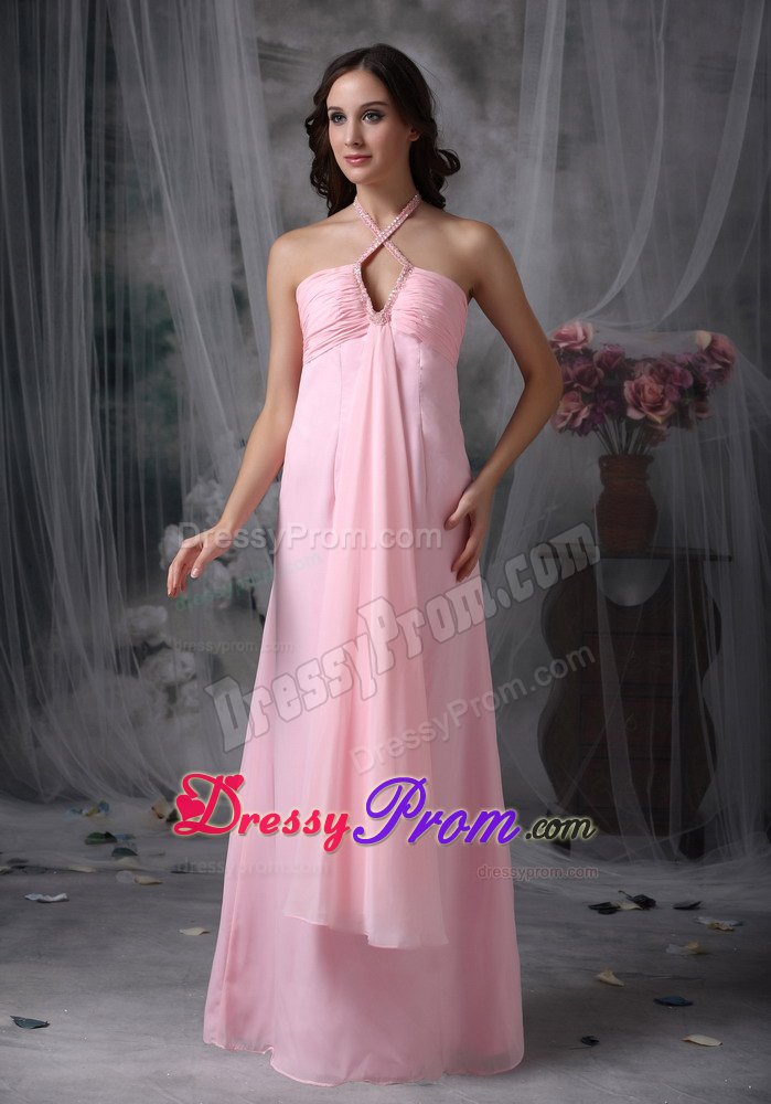 Halter Baby Pink Empire Beading Floor-length Dresses For JS Prom
