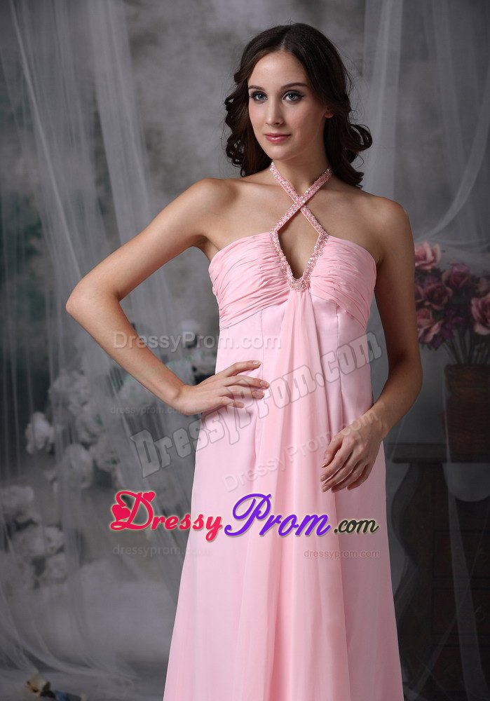 Halter Baby Pink Empire Beading Floor-length Dresses For JS Prom