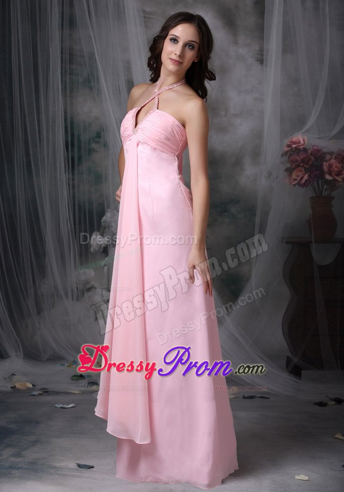 Halter Baby Pink Empire Beading Floor-length Dresses For JS Prom