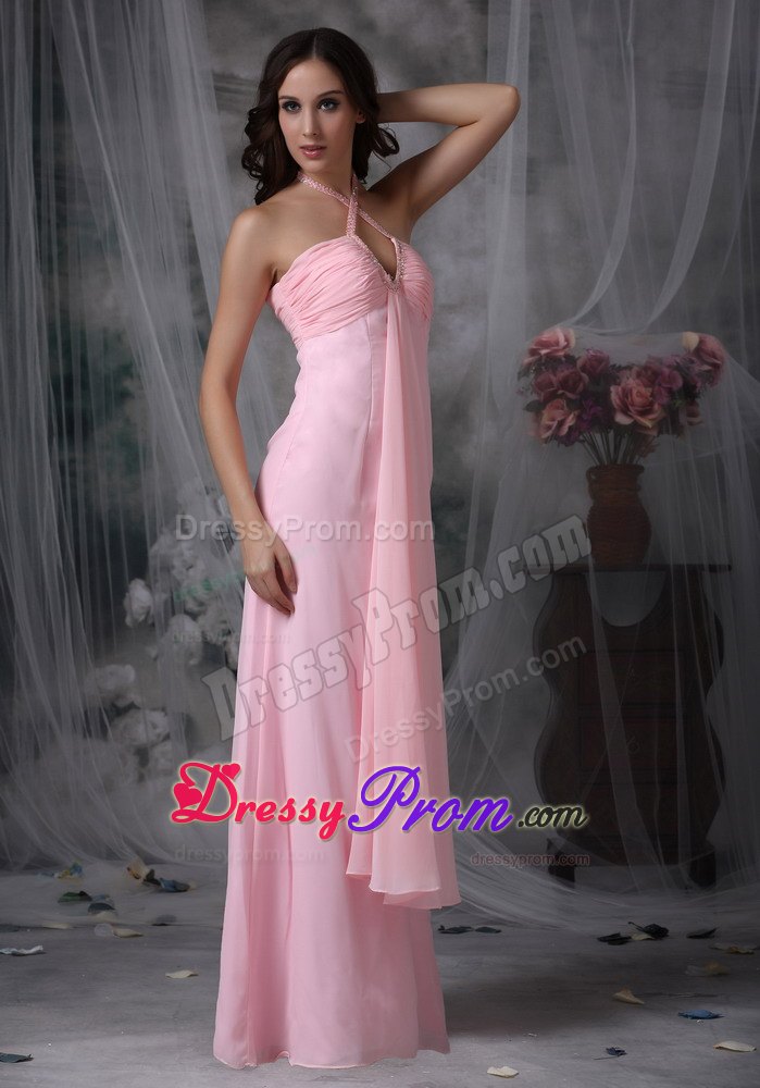 Halter Baby Pink Empire Beading Floor-length Dresses For JS Prom