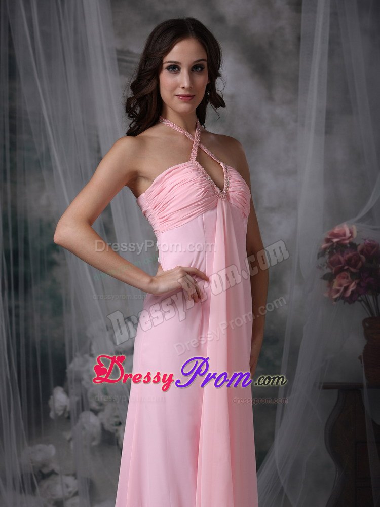 Halter Baby Pink Empire Beading Floor-length Dresses For JS Prom