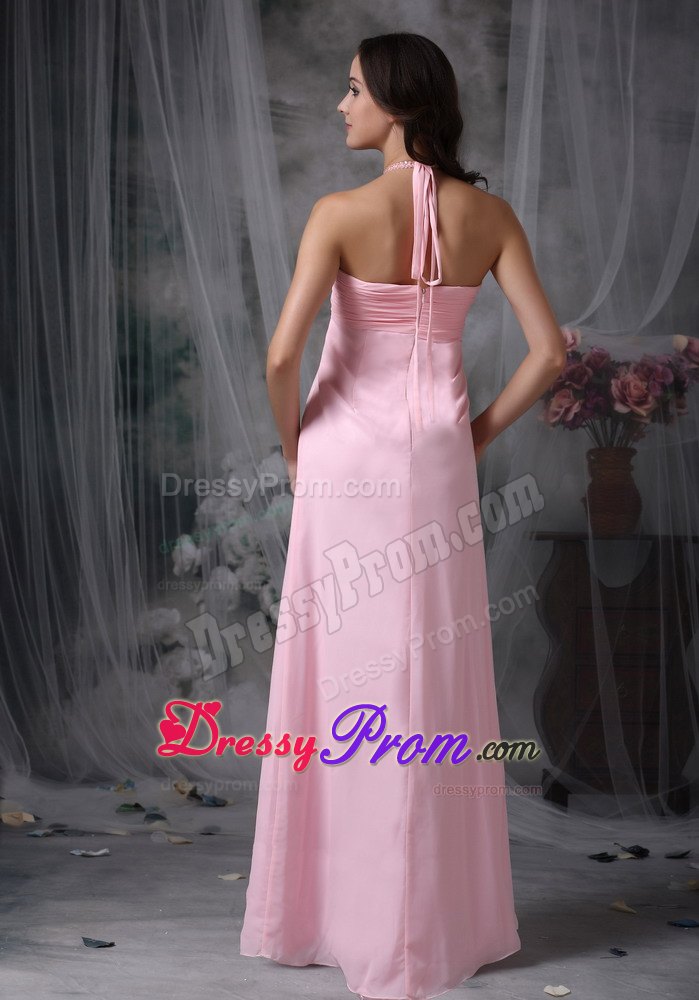 Halter Baby Pink Empire Beading Floor-length Dresses For JS Prom