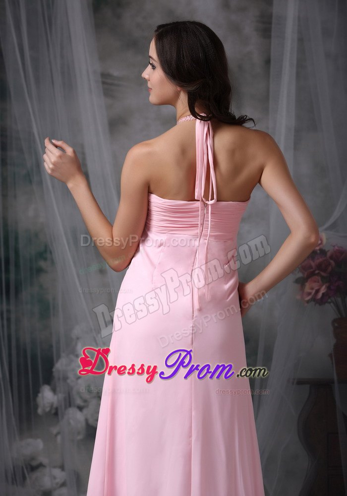 Halter Baby Pink Empire Beading Floor-length Dresses For JS Prom