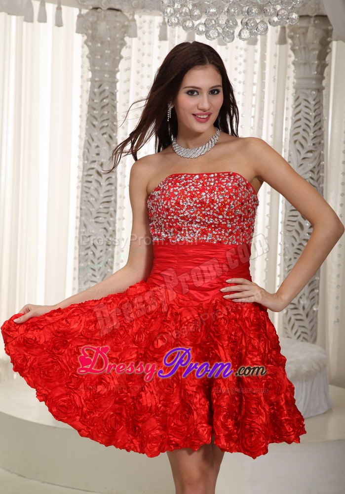 Red Strapless A-line Beading Prom Dress in Fabric With Rolling Flower