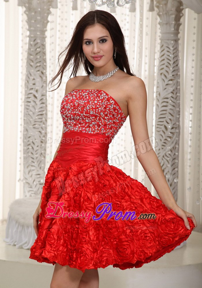 Red Strapless A-line Beading Prom Dress in Fabric With Rolling Flower