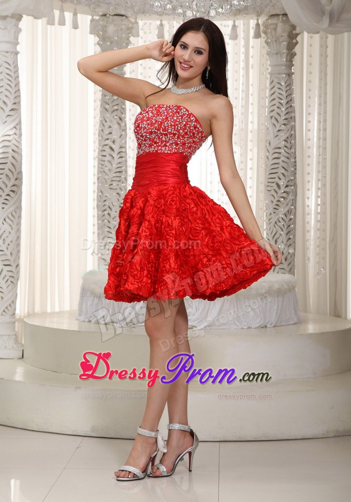 Red Strapless A-line Beading Prom Dress in Fabric With Rolling Flower