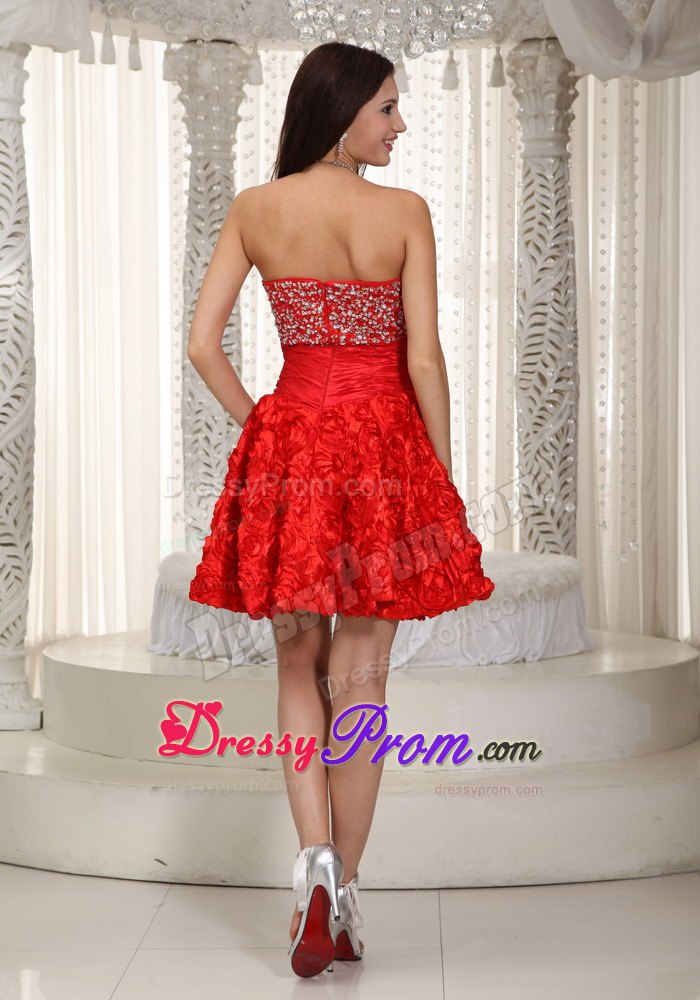 Red Strapless A-line Beading Prom Dress in Fabric With Rolling Flower