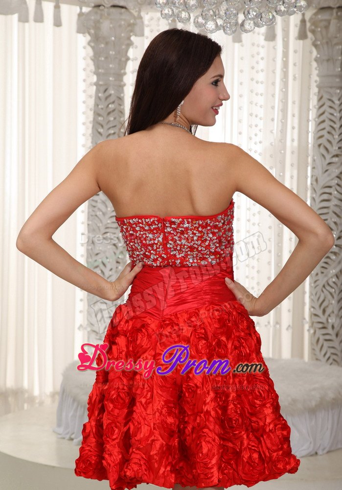 Red Strapless A-line Beading Prom Dress in Fabric With Rolling Flower