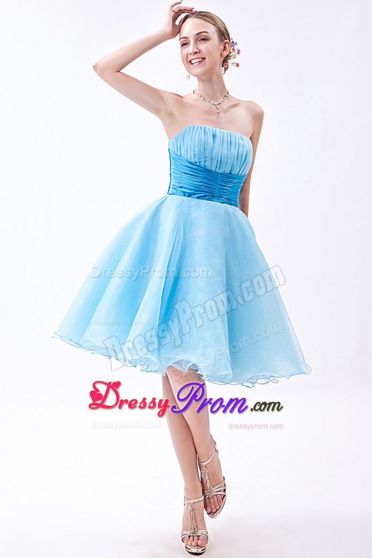 Strapless Baby Blue A-line Knee-length Ruche Dresses For Prom Night