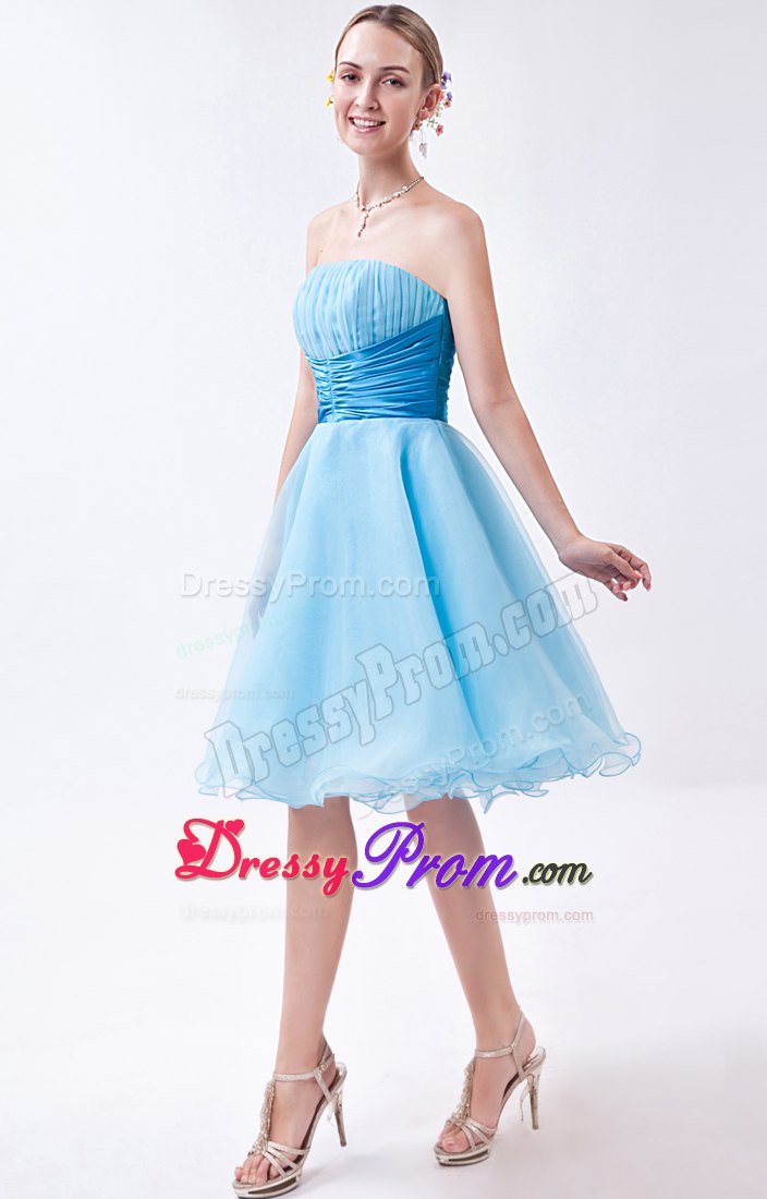 Strapless Baby Blue A-line Knee-length Ruche Dresses For Prom Night