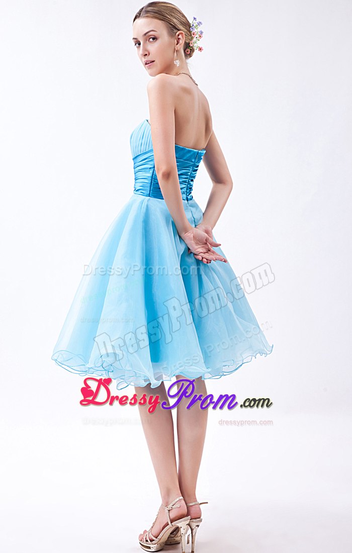 Strapless Baby Blue A-line Knee-length Ruche Dresses For Prom Night