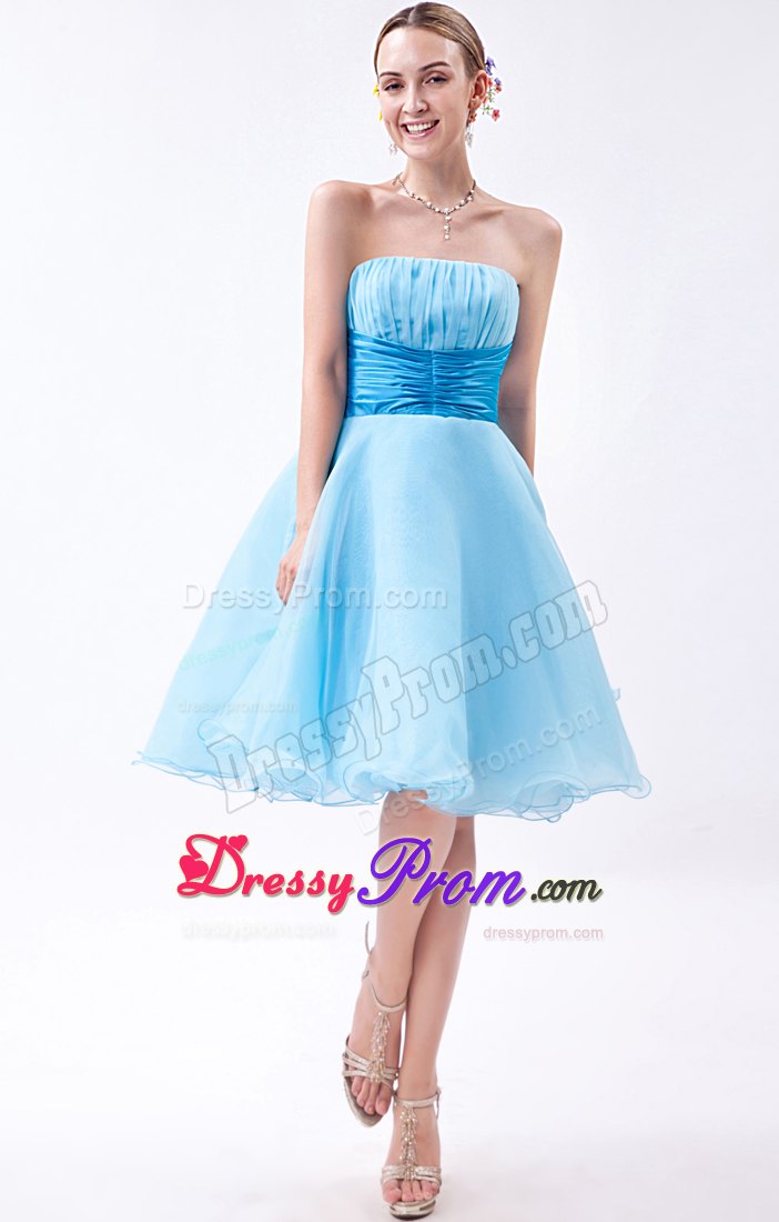 Strapless Baby Blue A-line Knee-length Ruche Dresses For Prom Night