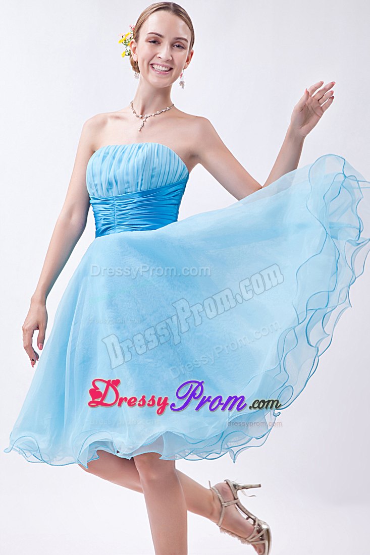 Strapless Baby Blue A-line Knee-length Ruche Dresses For Prom Night
