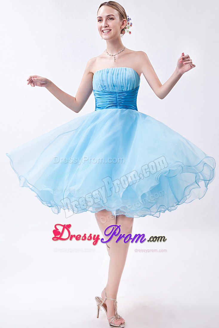 Strapless Baby Blue A-line Knee-length Ruche Dresses For Prom Night