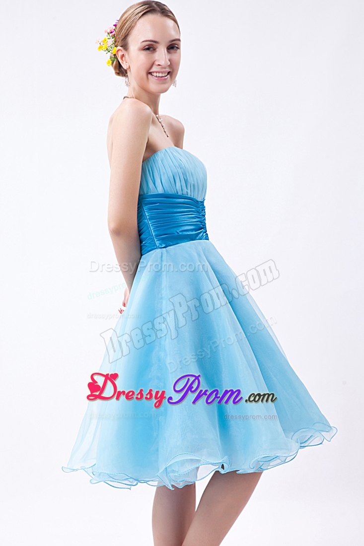 Strapless Baby Blue A-line Knee-length Ruche Dresses For Prom Night
