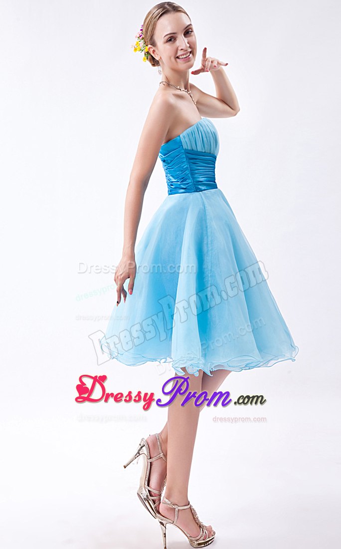 Strapless Baby Blue A-line Knee-length Ruche Dresses For Prom Night