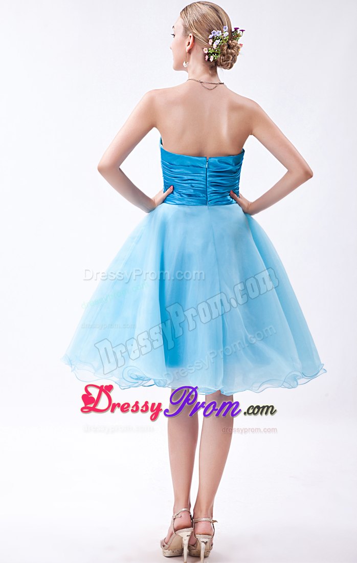 Strapless Baby Blue A-line Knee-length Ruche Dresses For Prom Night