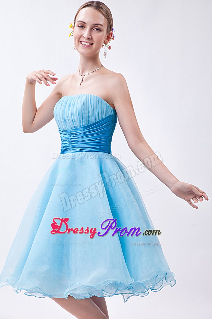 Strapless Baby Blue A-line Knee-length Ruche Dresses For Prom Night