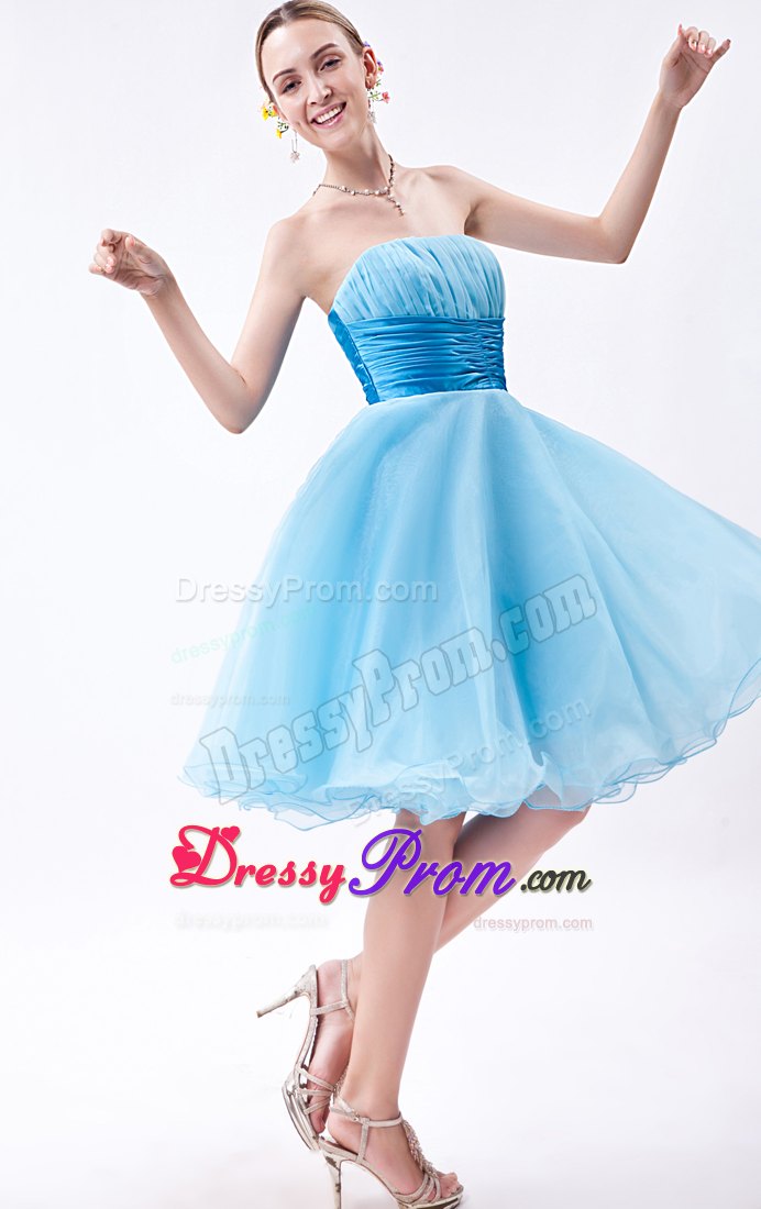 Strapless Baby Blue A-line Knee-length Ruche Dresses For Prom Night