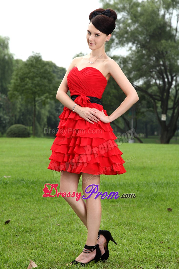 A-line Sweetheart Red Mini-length Chiffon Prom Dress with Hand Flower
