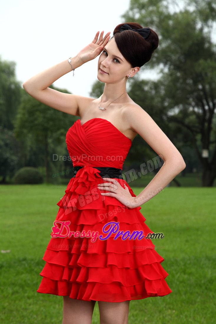 A-line Sweetheart Red Mini-length Chiffon Prom Dress with Hand Flower