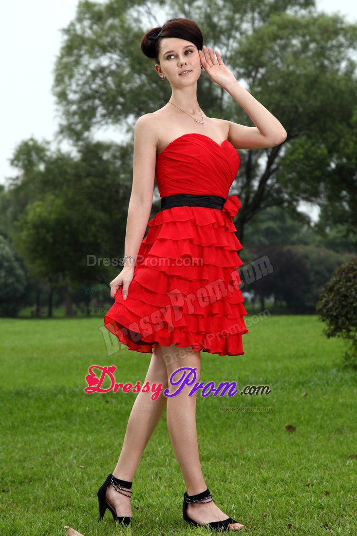 A-line Sweetheart Red Mini-length Chiffon Prom Dress with Hand Flower