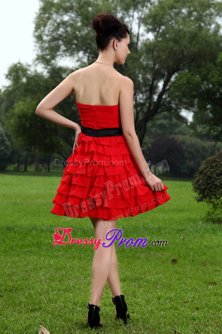 A-line Sweetheart Red Mini-length Chiffon Prom Dress with Hand Flower