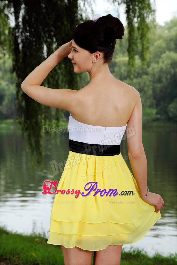 Empire Sweetheart Mini-length Yellow and White Chiffon Sash Prom Dress