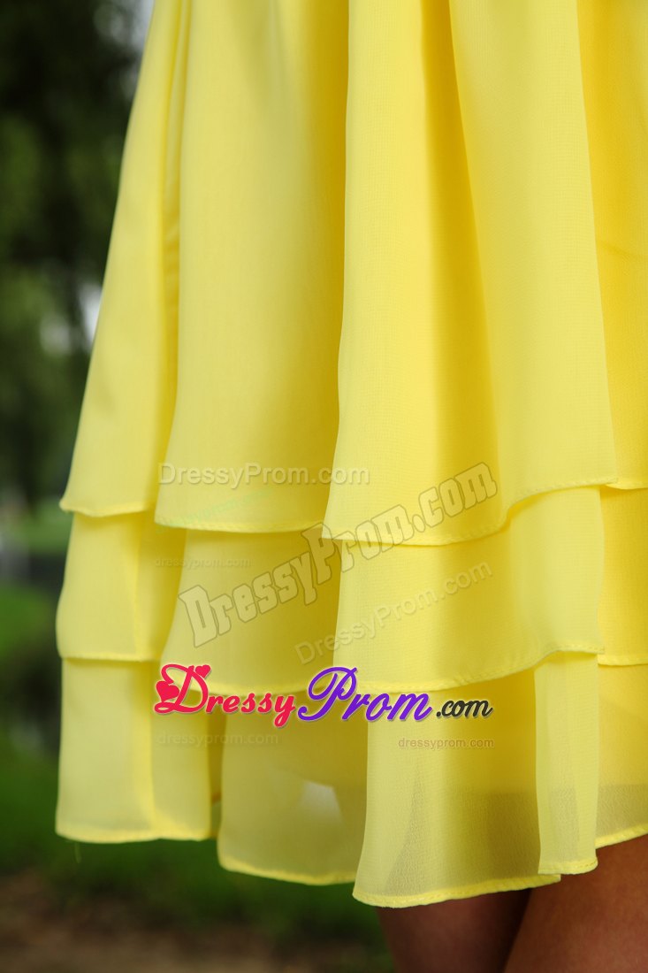 Empire Sweetheart Mini-length Yellow and White Chiffon Sash Prom Dress