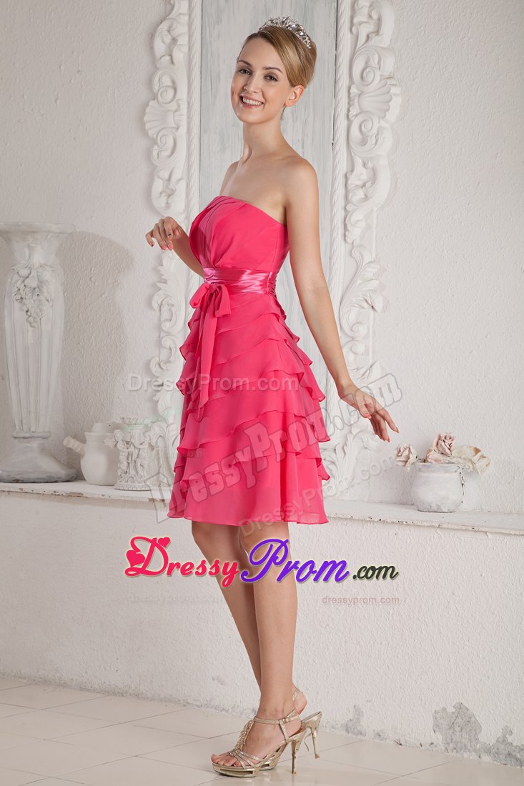 Empire Strapless Hot Pink Mini-length Prom Dress with Ruche and Sash