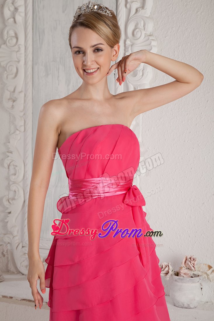 Empire Strapless Hot Pink Mini-length Prom Dress with Ruche and Sash