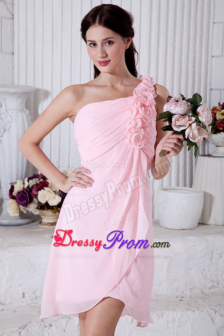 One Shoulder Pink Mini-length Chiffon Prom Dress with Hand Flowers