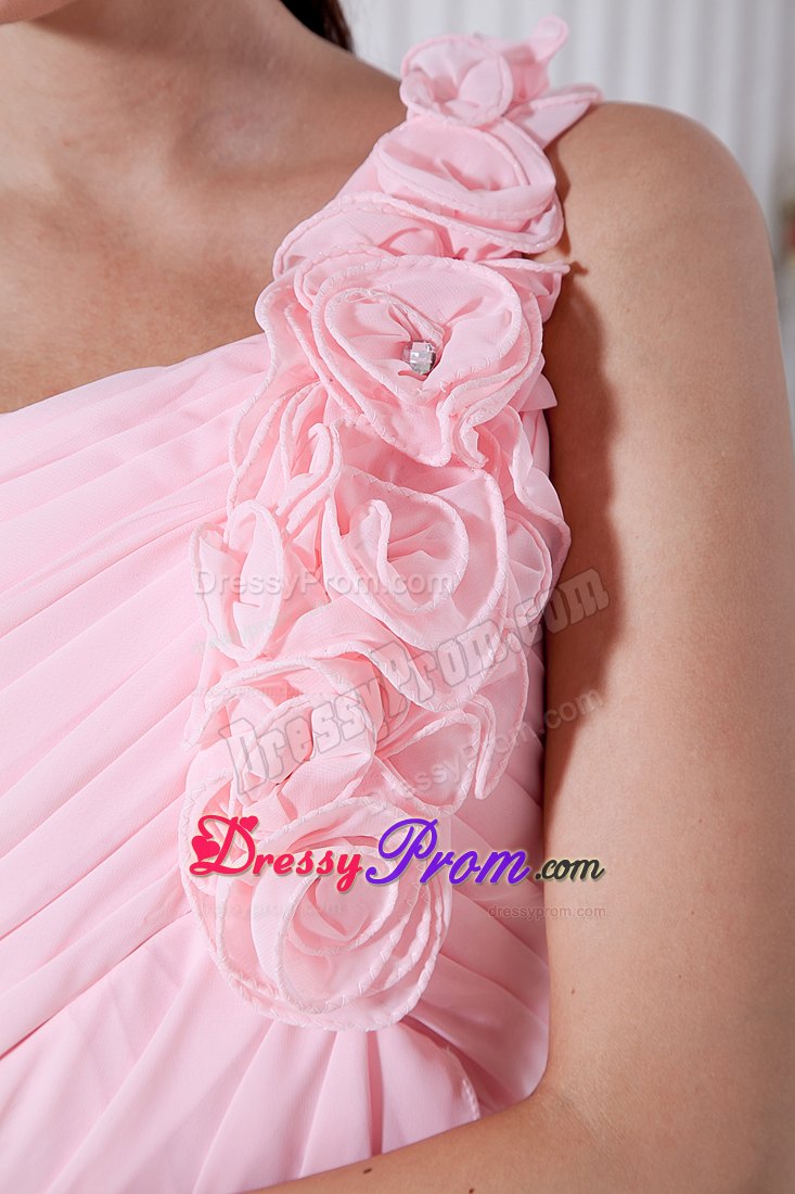 One Shoulder Pink Mini-length Chiffon Prom Dress with Hand Flowers