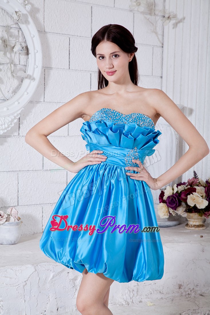 Strapless A-line Aqua Blue Mini-length Taffeta Prom Dress with Beading