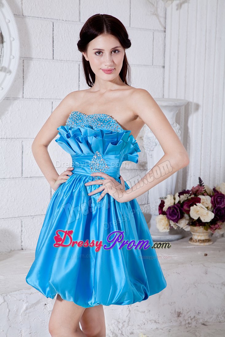 Strapless A-line Aqua Blue Mini-length Taffeta Prom Dress with Beading