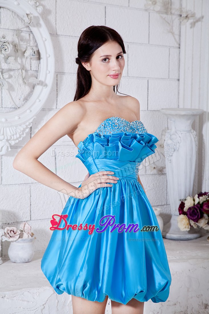 Strapless A-line Aqua Blue Mini-length Taffeta Prom Dress with Beading