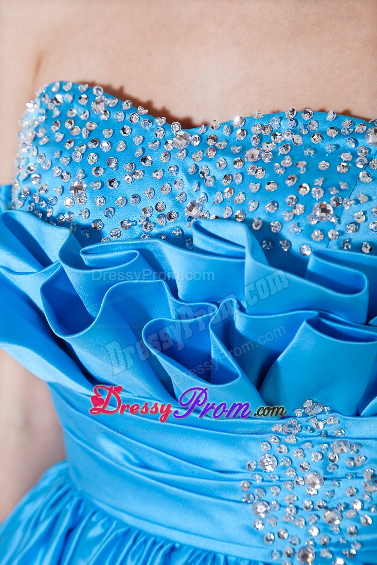Strapless A-line Aqua Blue Mini-length Taffeta Prom Dress with Beading