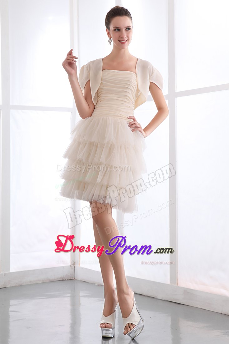 A-line Mini-length Champagne Prom Dress with Ruche and Ruffled Layers
