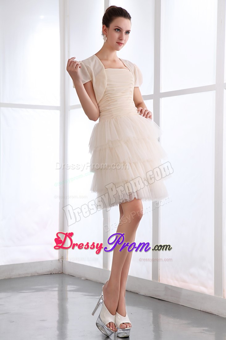 A-line Mini-length Champagne Prom Dress with Ruche and Ruffled Layers