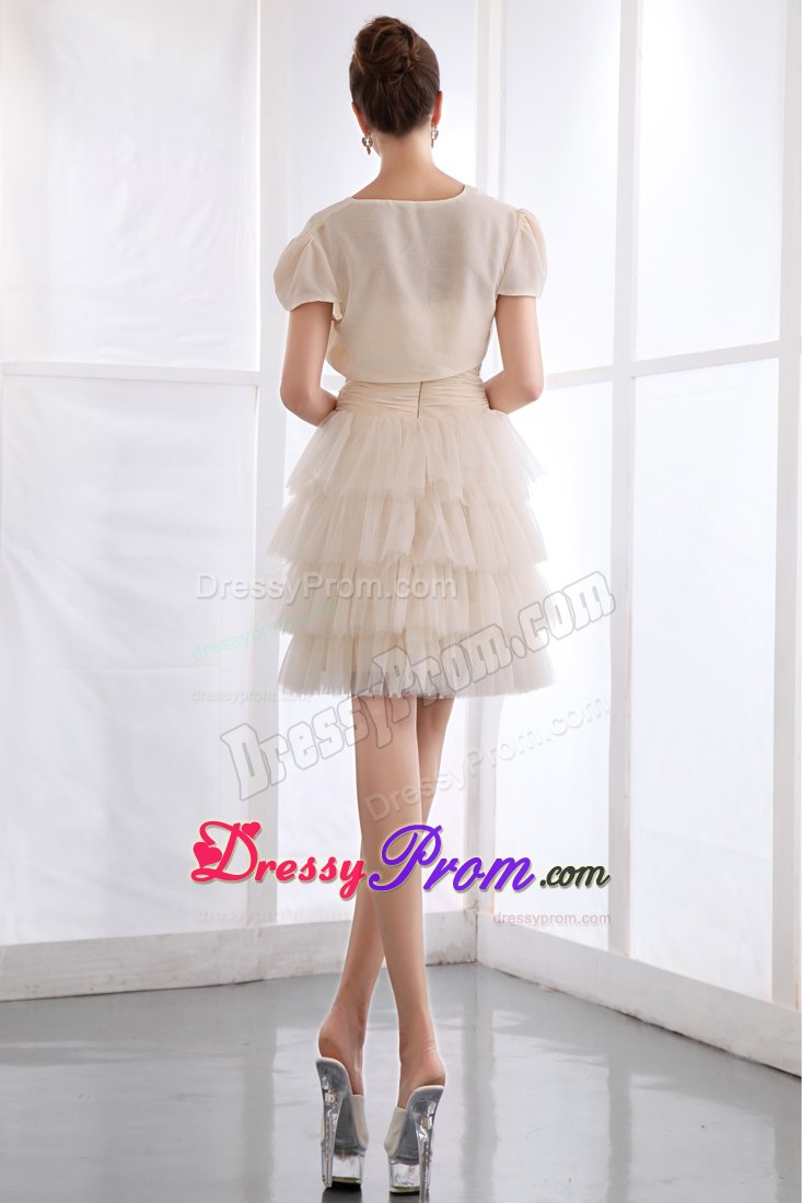 A-line Mini-length Champagne Prom Dress with Ruche and Ruffled Layers