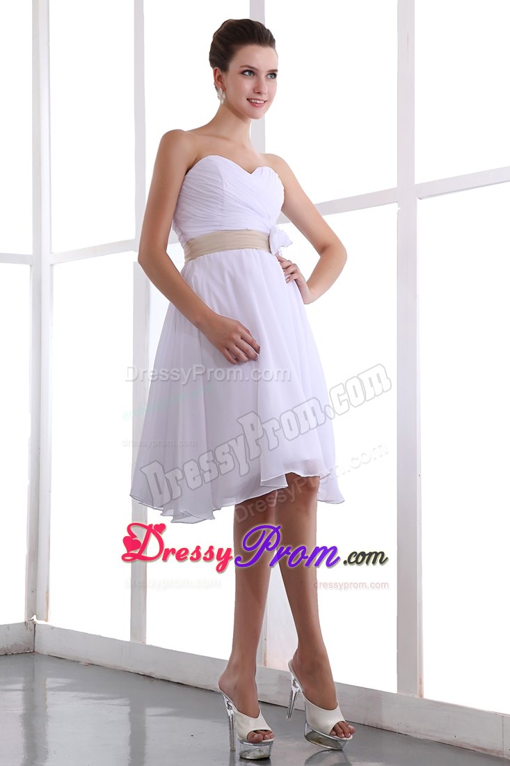 A-line Sweetheart Chiffon White Prom Court Dresses with Hand Flower